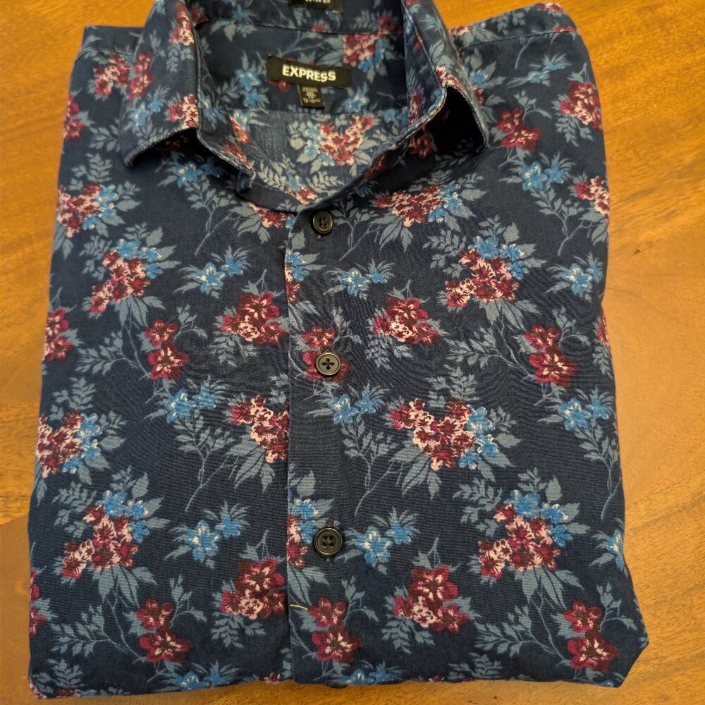 Express Floral Button Down Shirt XS Extra Slim Blue Red Cotton